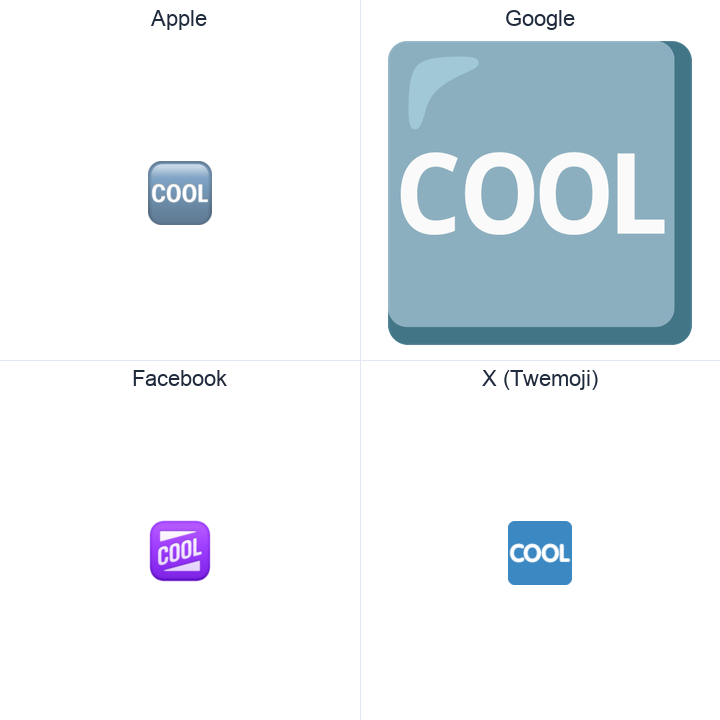 Squared Cool emoji in a square grid: Apple and Google on the top row, Facebook and X Twemoji on the bottom, on white.
