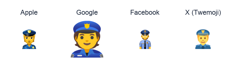 Police Officer emoji artwork compared side by side for Apple, Google Noto, Facebook, and X Twemoji styles on white.
