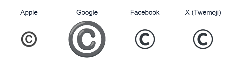 Copyright Sign emoji artwork compared side by side for Apple, Google Noto, Facebook, and X Twemoji styles on white.