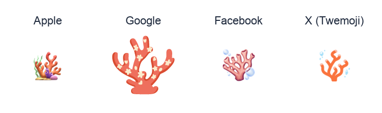 Coral emoji artwork compared side by side for Apple, Google Noto, Facebook, and X Twemoji styles on white.