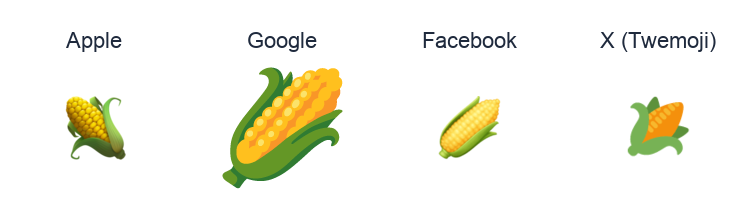 Ear Of Maize emoji artwork compared side by side for Apple, Google Noto, Facebook, and X Twemoji styles on white.