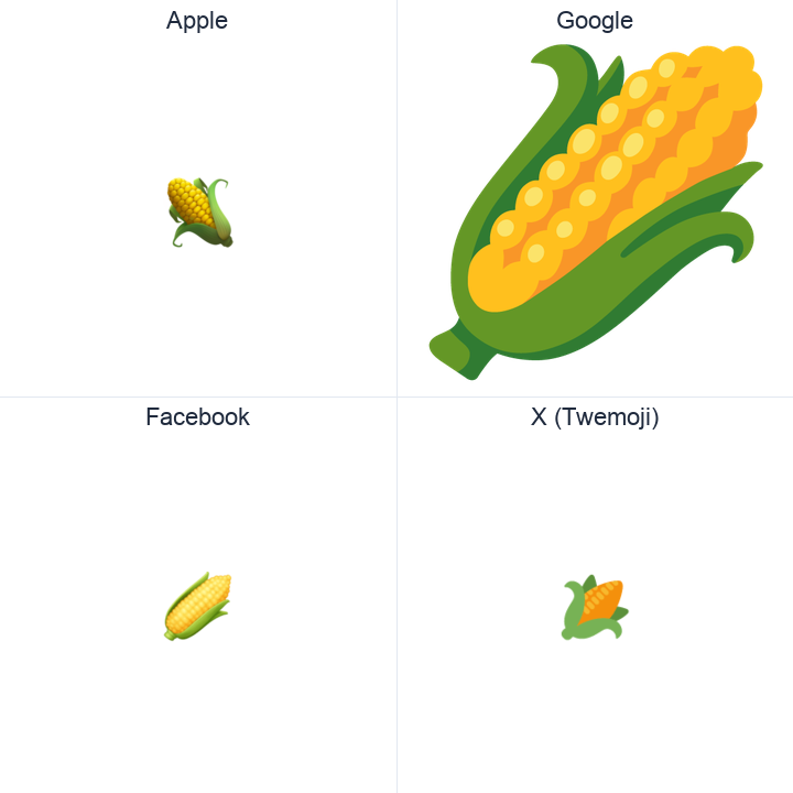 Ear Of Maize emoji in a square grid: Apple and Google on the top row, Facebook and X Twemoji on the bottom, on white.