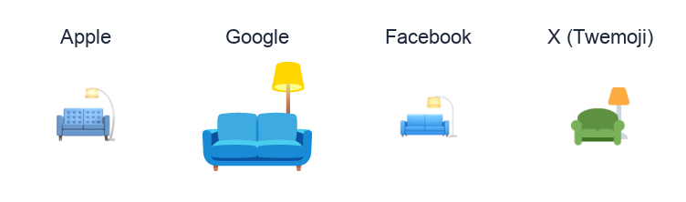 Couch And Lamp emoji artwork compared side by side for Apple, Google Noto, Facebook, and X Twemoji styles on white.