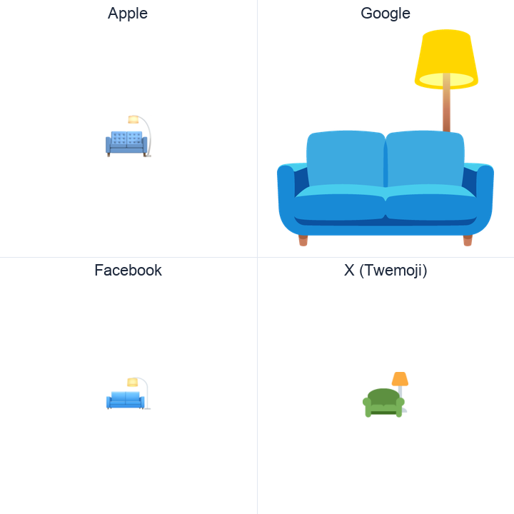 Couch And Lamp emoji in a square grid: Apple and Google on the top row, Facebook and X Twemoji on the bottom, on white.