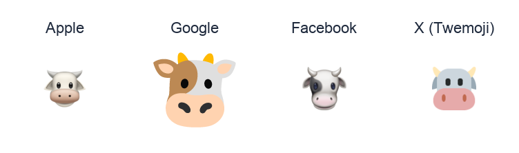 Cow Face emoji artwork compared side by side for Apple, Google Noto, Facebook, and X Twemoji styles on white.