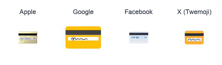 Credit Card emoji artwork compared side by side for Apple, Google Noto, Facebook, and X Twemoji styles on white.