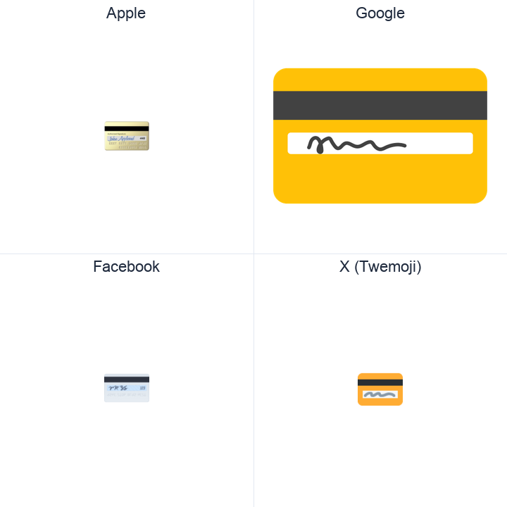 Credit Card emoji in a square grid: Apple and Google on the top row, Facebook and X Twemoji on the bottom, on white.