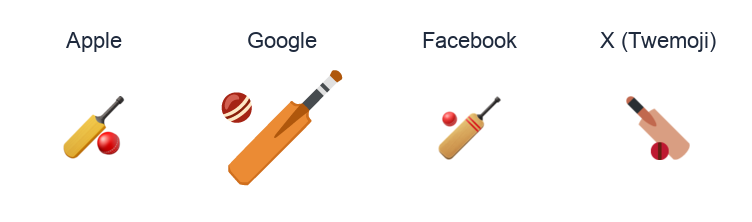 Cricket Bat And Ball emoji artwork compared side by side for Apple, Google Noto, Facebook, and X Twemoji styles on white.