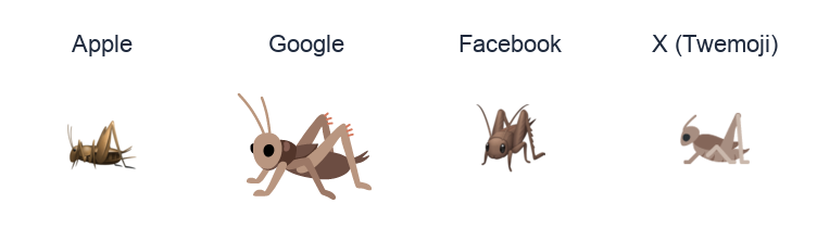 Cricket emoji artwork compared side by side for Apple, Google Noto, Facebook, and X Twemoji styles on white.