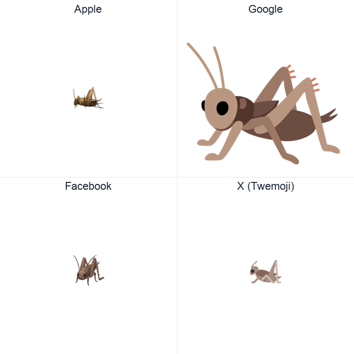 Cricket emoji in a square grid: Apple and Google on the top row, Facebook and X Twemoji on the bottom, on white.