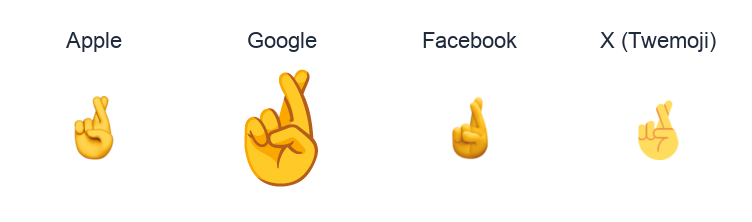 Hand With Index And Middle Fingers Crossed emoji artwork compared side by side for Apple, Google Noto, Facebook, and X Twemoji styles on white.