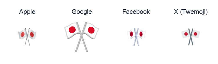 Crossed Flags emoji artwork compared side by side for Apple, Google Noto, Facebook, and X Twemoji styles on white.