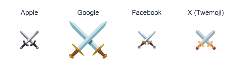 Crossed Swords emoji artwork compared side by side for Apple, Google Noto, Facebook, and X Twemoji styles on white.