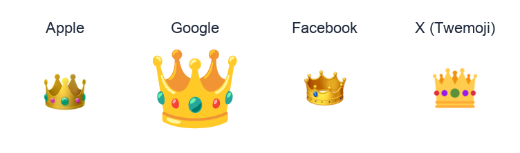 Crown emoji artwork compared side by side for Apple, Google Noto, Facebook, and X Twemoji styles on white.