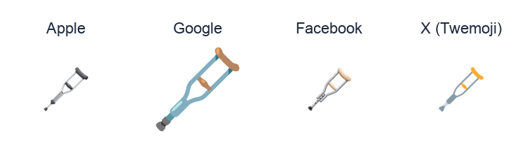 Crutch emoji artwork compared side by side for Apple, Google Noto, Facebook, and X Twemoji styles on white.