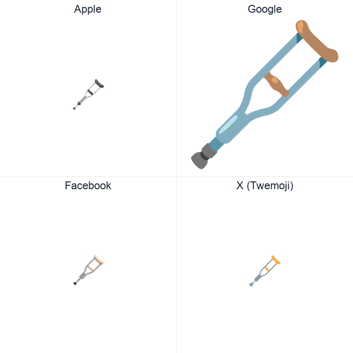 Crutch emoji in a square grid: Apple and Google on the top row, Facebook and X Twemoji on the bottom, on white.