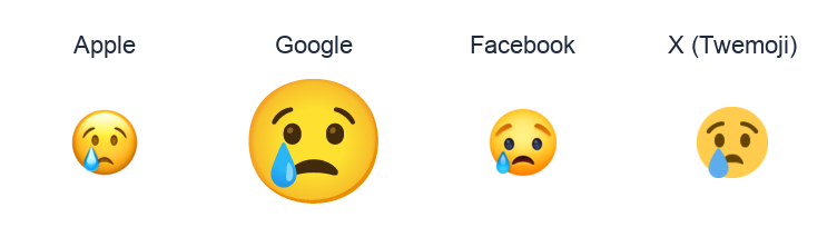 Crying Face emoji artwork compared side by side for Apple, Google Noto, Facebook, and X Twemoji styles on white.