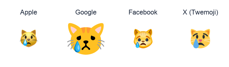 Crying Cat Face emoji artwork compared side by side for Apple, Google Noto, Facebook, and X Twemoji styles on white.
