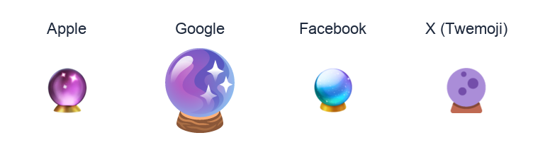 Crystal Ball emoji artwork compared side by side for Apple, Google Noto, Facebook, and X Twemoji styles on white.