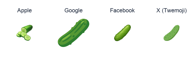 Cucumber emoji artwork compared side by side for Apple, Google Noto, Facebook, and X Twemoji styles on white.
