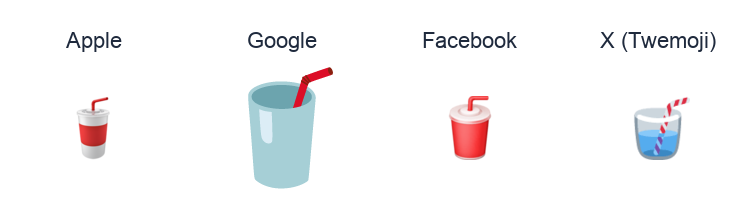 Cup With Straw emoji artwork compared side by side for Apple, Google Noto, Facebook, and X Twemoji styles on white.