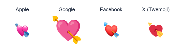 Heart With Arrow emoji artwork compared side by side for Apple, Google Noto, Facebook, and X Twemoji styles on white.