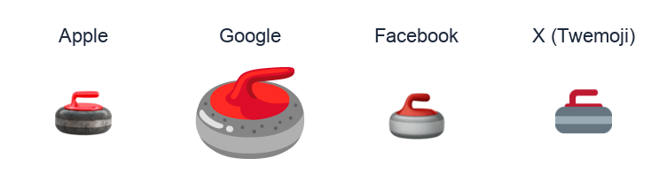 Curling Stone emoji artwork compared side by side for Apple, Google Noto, Facebook, and X Twemoji styles on white.