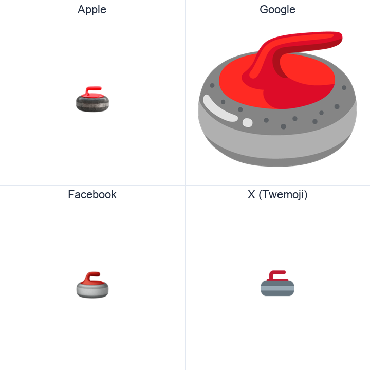 Curling Stone emoji in a square grid: Apple and Google on the top row, Facebook and X Twemoji on the bottom, on white.