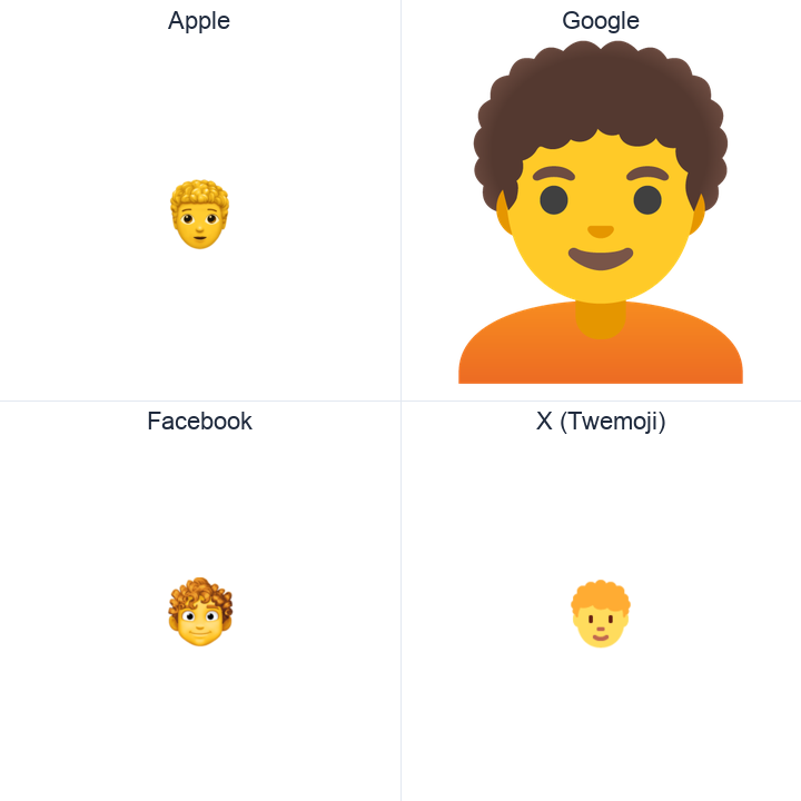 Person: Curly Hair emoji in a square grid: Apple and Google on the top row, Facebook and X Twemoji on the bottom, on white.