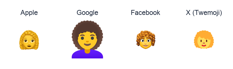Woman: Curly Hair emoji artwork compared side by side for Apple, Google Noto, Facebook, and X Twemoji styles on white.
