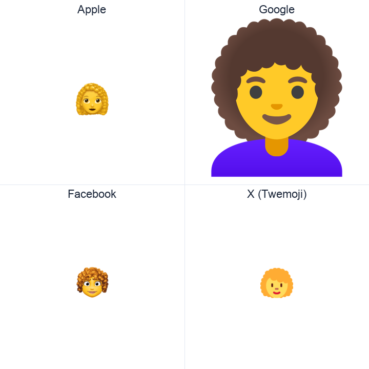 Woman: Curly Hair emoji in a square grid: Apple and Google on the top row, Facebook and X Twemoji on the bottom, on white.