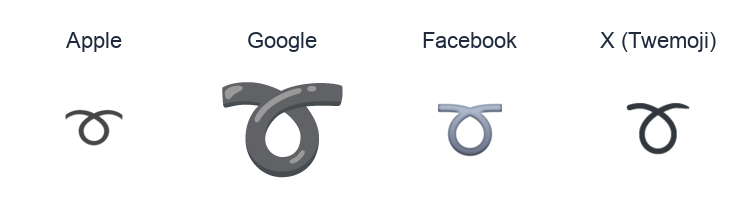 Curly Loop emoji artwork compared side by side for Apple, Google Noto, Facebook, and X Twemoji styles on white.