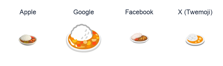 Curry And Rice emoji artwork compared side by side for Apple, Google Noto, Facebook, and X Twemoji styles on white.