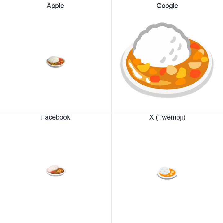 Curry And Rice emoji in a square grid: Apple and Google on the top row, Facebook and X Twemoji on the bottom, on white.