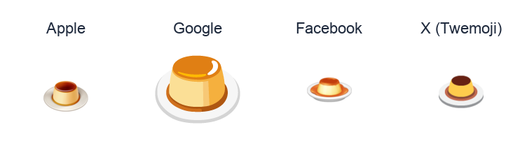 Custard emoji artwork compared side by side for Apple, Google Noto, Facebook, and X Twemoji styles on white.