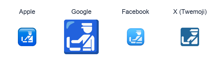 Customs emoji artwork compared side by side for Apple, Google Noto, Facebook, and X Twemoji styles on white.