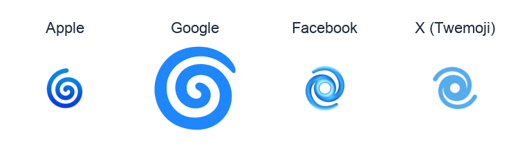 Cyclone emoji artwork compared side by side for Apple, Google Noto, Facebook, and X Twemoji styles on white.
