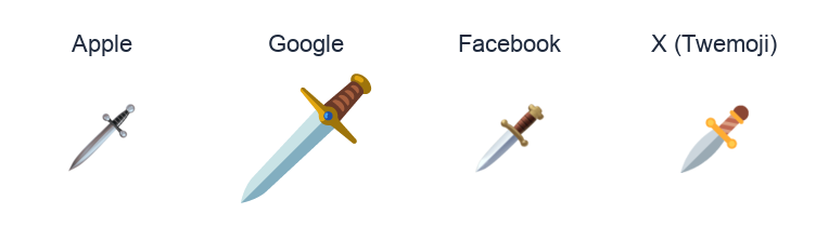 Dagger emoji artwork compared side by side for Apple, Google Noto, Facebook, and X Twemoji styles on white.