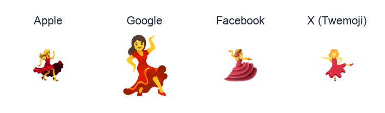 Dancer emoji artwork compared side by side for Apple, Google Noto, Facebook, and X Twemoji styles on white.