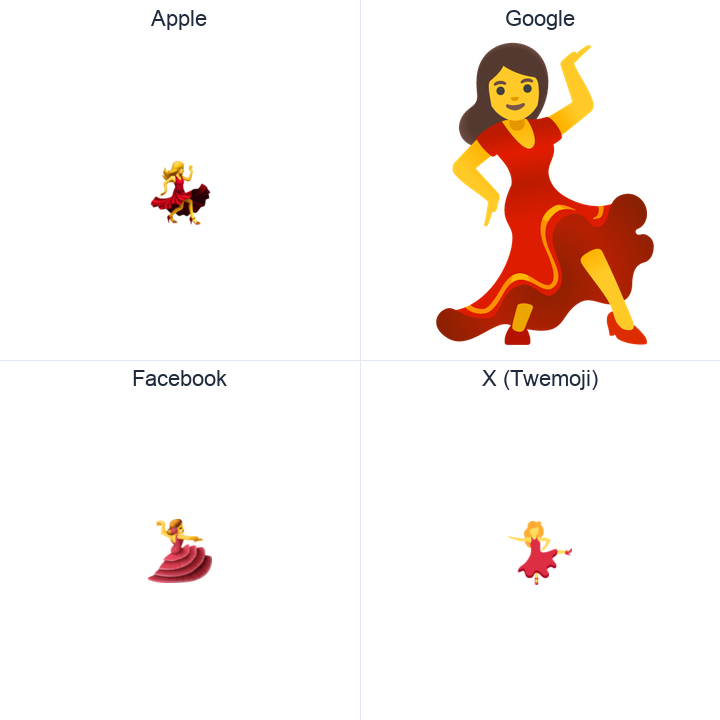 Dancer emoji in a square grid: Apple and Google on the top row, Facebook and X Twemoji on the bottom, on white.