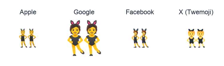 Woman With Bunny Ears emoji artwork compared side by side for Apple, Google Noto, Facebook, and X Twemoji styles on white.