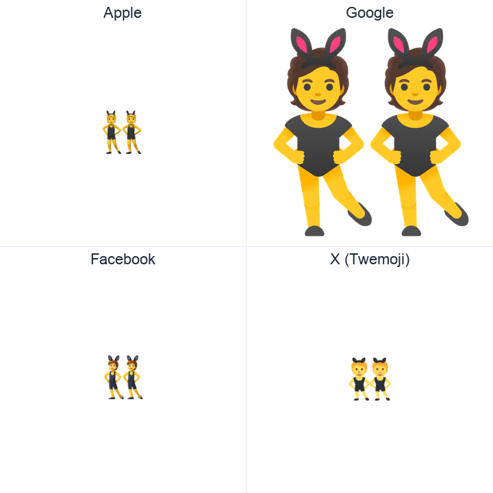 Woman With Bunny Ears emoji in a square grid: Apple and Google on the top row, Facebook and X Twemoji on the bottom, on white.