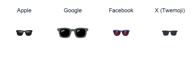 Sunglasses emoji artwork compared side by side for Apple, Google Noto, Facebook, and X Twemoji styles on white.