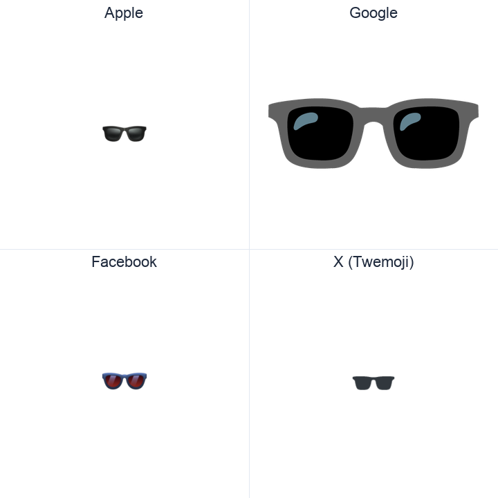 Sunglasses emoji in a square grid: Apple and Google on the top row, Facebook and X Twemoji on the bottom, on white.