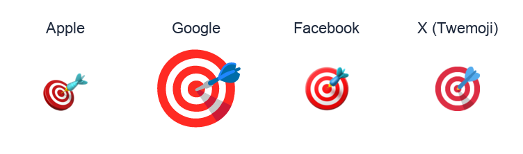 Direct Hit emoji artwork compared side by side for Apple, Google Noto, Facebook, and X Twemoji styles on white.
