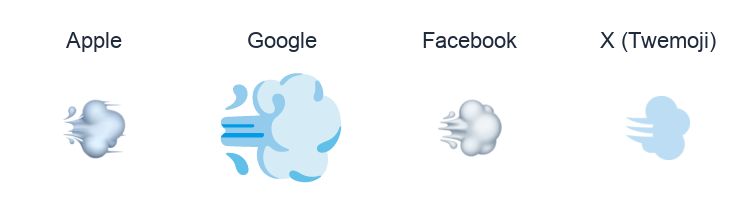 Dash Symbol emoji artwork compared side by side for Apple, Google Noto, Facebook, and X Twemoji styles on white.