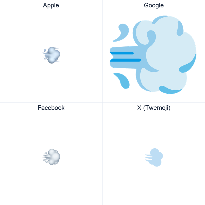 Dash Symbol emoji in a square grid: Apple and Google on the top row, Facebook and X Twemoji on the bottom, on white.