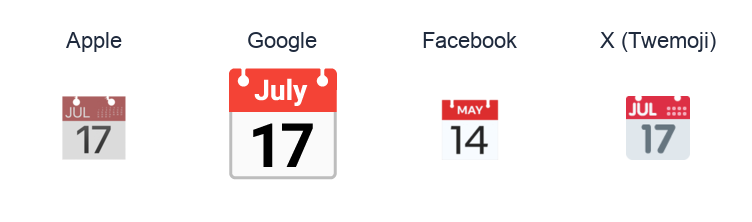 Calendar emoji artwork compared side by side for Apple, Google Noto, Facebook, and X Twemoji styles on white.