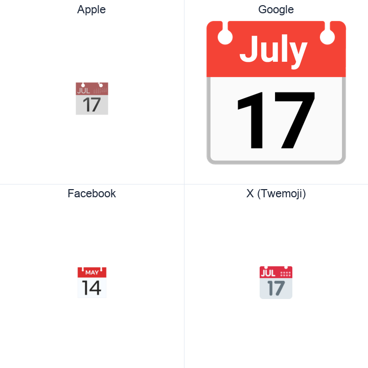 Calendar emoji in a square grid: Apple and Google on the top row, Facebook and X Twemoji on the bottom, on white.