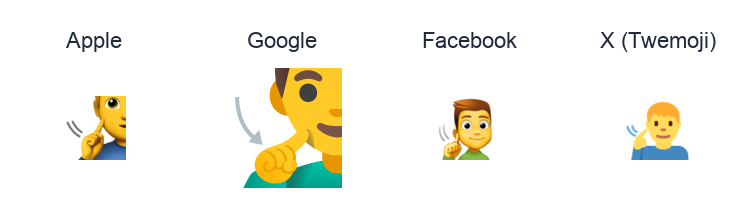 Deaf Man emoji artwork compared side by side for Apple, Google Noto, Facebook, and X Twemoji styles on white.